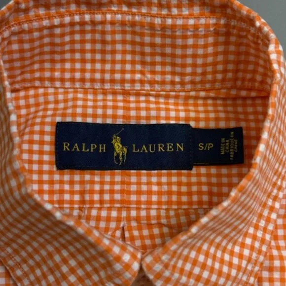 Ralph Lauren Mens Small Orange Gingham Check Long Sleeve Button Down Shirt - Picture 4 of 6